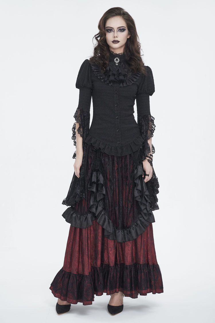 Black/Red Ruffle Lace Drawstring Women's Gothic Skirt - Product - 3