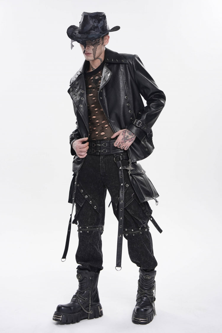 Black Lapel Collar Long Sleeves Studded Buckled Zippered Eyelet Women's Punk Jacket - Product - 4