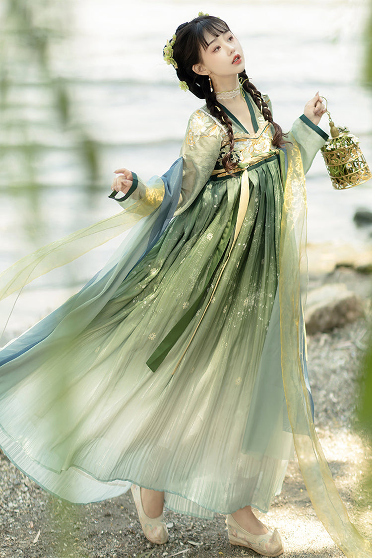 Multi-Color Chinese Style Embroidery High Waisted Hanfu Dress Full Set - Product - 4