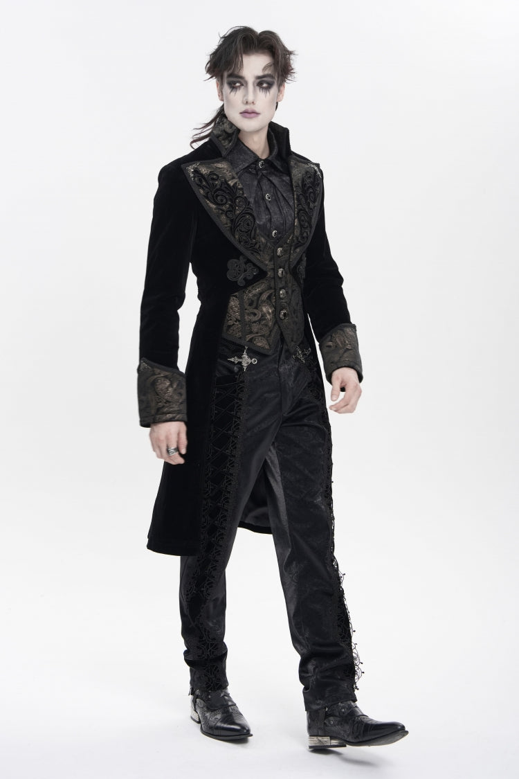 Black Lapel Collar Long Sleeves Jacquard Embroidered Slim Color-Blocked Men's Gothic Jacket - Product - 4
