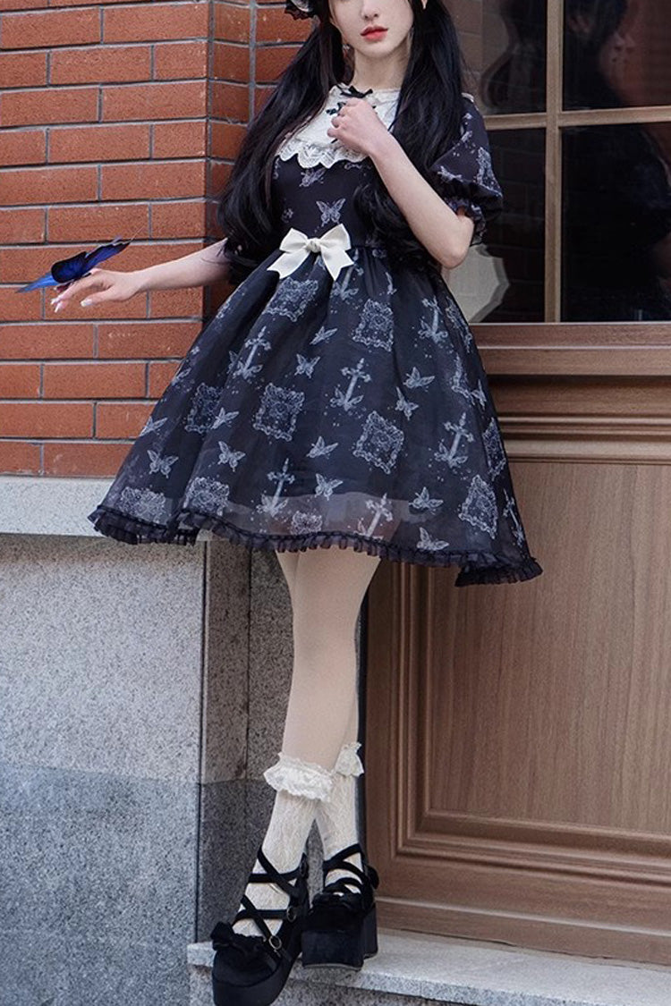 Black Embroidered Butterfly Print Gothic Lolita Dress - Product - 3
