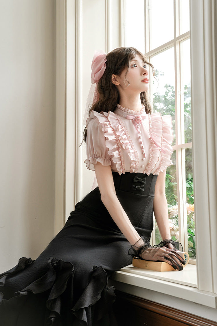 Pink/Black [Miss Lola] Stand Collar Short Sleeves Multi-Layered Ruffle Bowknot Sweet Lolita Mermaid Dress - Product - 3