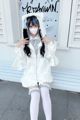 White Long Sleeves Cat Ears and Tail  Ruffle Bowknot Hooded Gothic Jirai Kei Coat - Product - 4