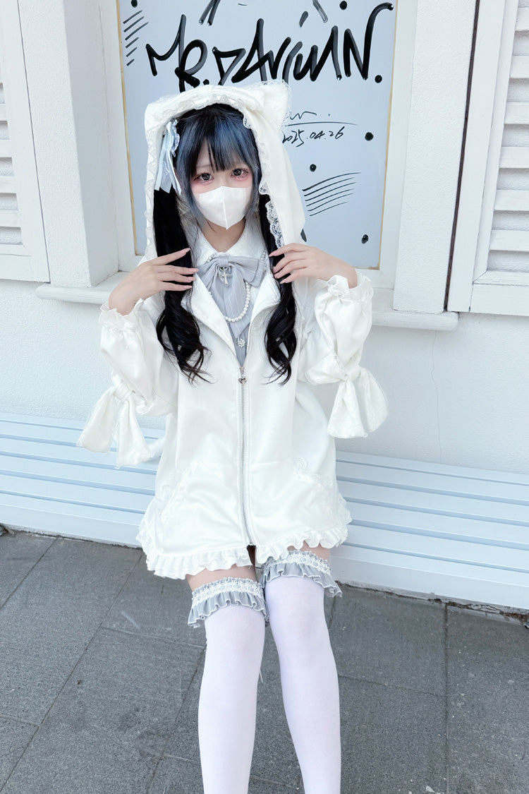White Long Sleeves Cat Ears and Tail  Ruffle Bowknot Hooded Gothic Jirai Kei Coat - Product - 4