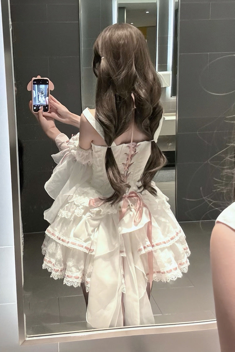 White [Little Love Song] Detachable Trumpet Sleeves Ruffle Bowknot Lace Sweet Lolita Top Skirt Set - Product - 6