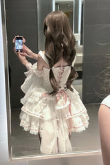 White [Little Love Song] Detachable Trumpet Sleeves Ruffle Bowknot Lace Sweet Lolita Top Skirt Set - Product - 6