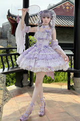 Purple [Prelude of Spring Cherry] Square Collar Sleeveless Multi-Layered Jacquard Ruffled Bow Lace Pearl-Decorated Sweet Lolita Jsk Dress - Product - 3