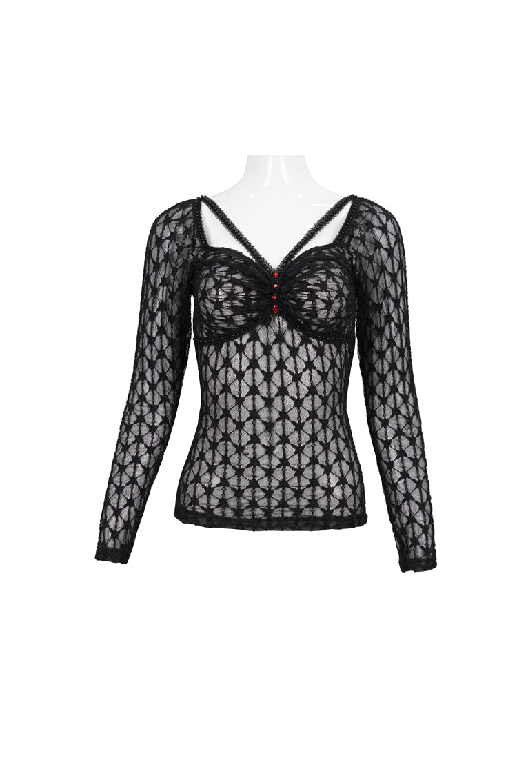 Black Lace Mesh Front Red Diamond Long Sleeve Transparent Women's Punk T-Shirt - Product - 6