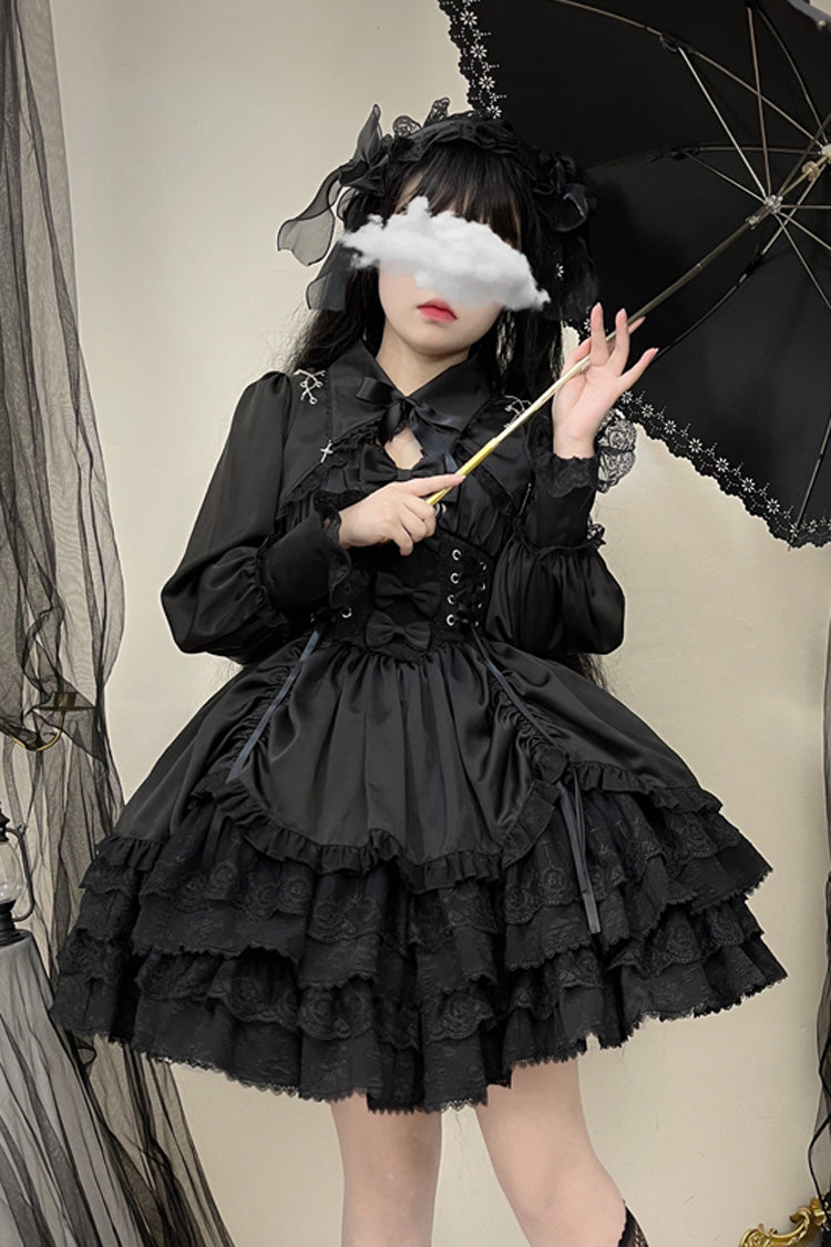Black [Cross of Merit] Multi-Layered Bowknot Lace Gothic Lolita Jsk Dress - Product - 2