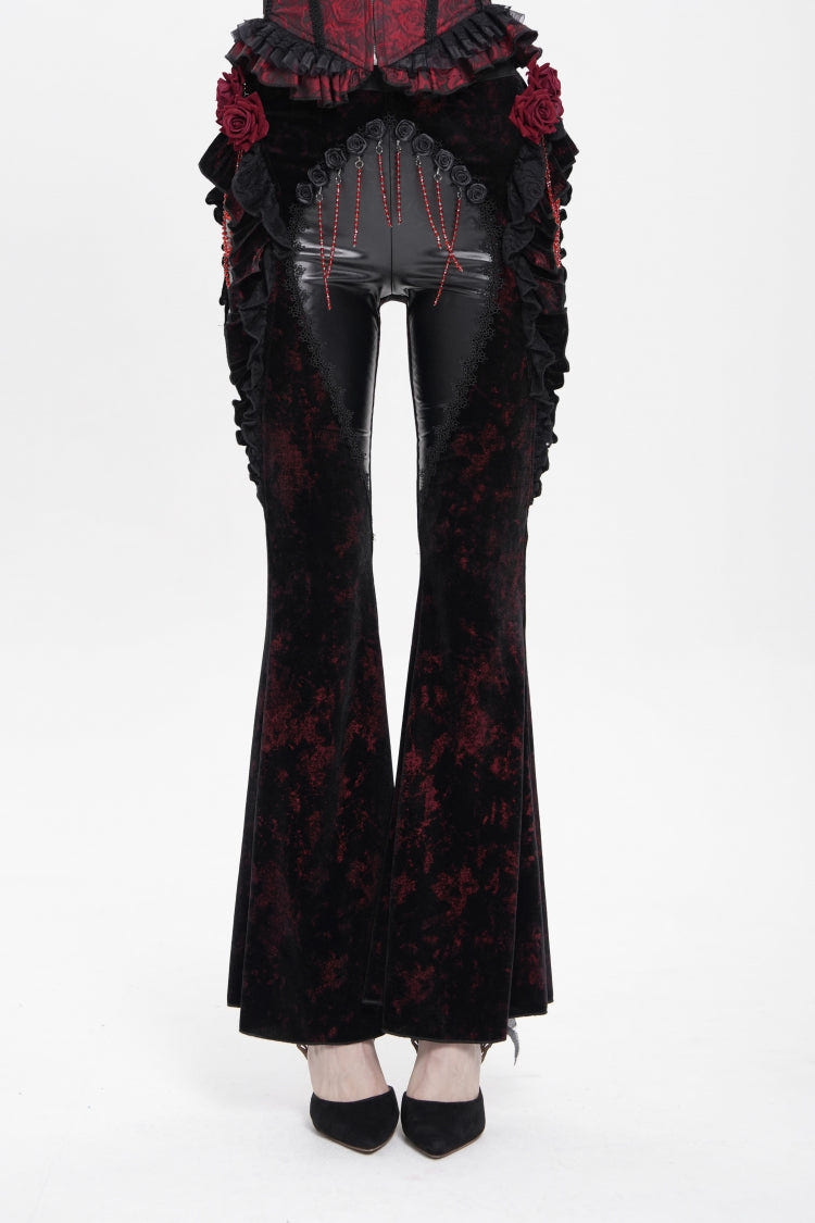 Black/Red  Ruffled Spliced Women's Gothic Floral Faux Leather&Velvet Ruffle Pants - Product - 8
