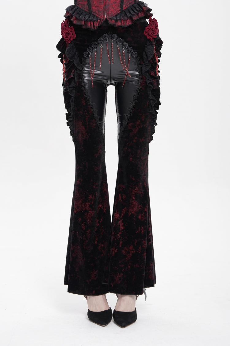Black/Red  Ruffled Spliced Women's Gothic Floral Faux Leather&Velvet Ruffle Pants - Product - 8