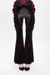 Black/Red  Ruffled Spliced Women's Gothic Floral Faux Leather&Velvet Ruffle Pants - Product - 8