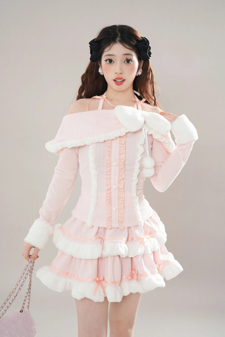 Pink Long Sleeves Ruffle Bowknot Lace Sweet Princess Lolita Tiered Top Skirt Set - Pink - 1