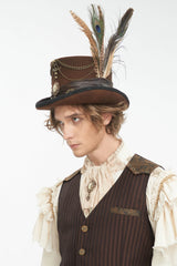 Brown Chain-Decorated Men's Gothic Accessory Gear Feather Top Hat - Product - 3
