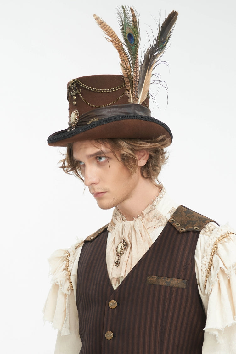 Brown Chain-Decorated Men's Gothic Accessory Gear Feather Top Hat - Product - 3