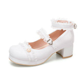 Frill Lace Simplicity Elegant Thick Heel Classic Lolita Shoes - White - 1