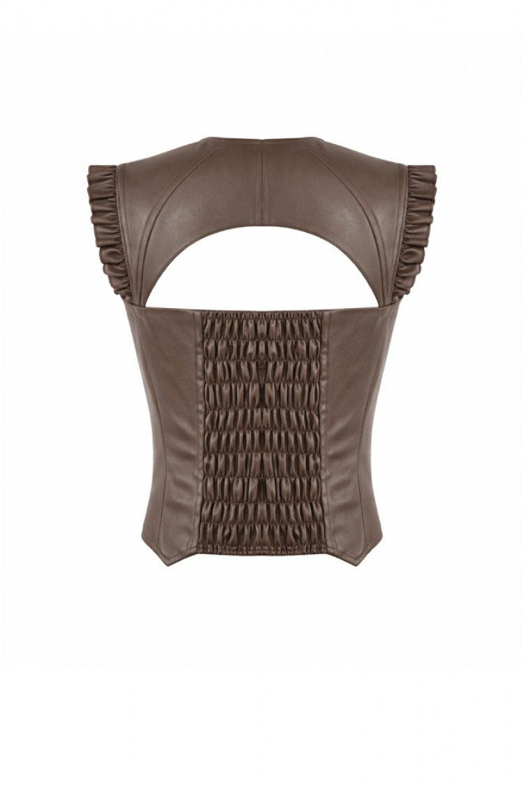 Brown Sweetheart Neckline Ruffled Flutter Sleeves Cut-Out Buckled Strap Women's Steampunk Slim Corset Vest - Product - 15