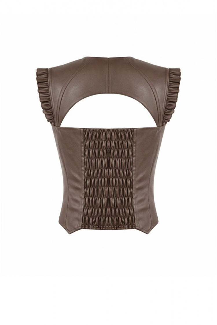Brown Sweetheart Neckline Ruffled Flutter Sleeves Cut-Out Buckled Strap Women's Steampunk Slim Corset Vest - Product - 15