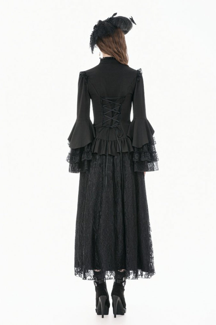 Black Stand Collar Long Trumpet Sleeves Multi-Layered Ruffled Lace Patchwork Lace-Up Women's Victorian Gothic Blouse - Product - 4