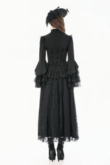 Black Stand Collar Long Trumpet Sleeves Multi-Layered Ruffled Lace Patchwork Lace-Up Women's Victorian Gothic Blouse - Product - 4