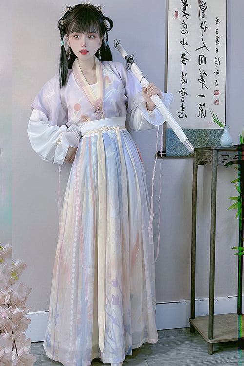 Multi-Color Chinese Style Tang Dynasty Round Collar Print Sweet Hanfu Dress Full Set - Product - 2