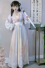 Multi-Color Chinese Style Tang Dynasty Round Collar Print Sweet Hanfu Dress Full Set - Product - 2