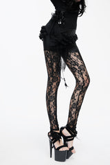 Black Knitted Base Cloth Rose Flower Net Material Asymmetric Lace Hip Transparent Women's Gothic Leggings - Product - 3