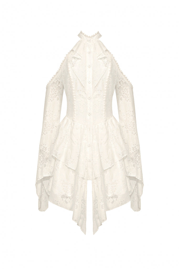 Beige Halter Off Shoulder Lapel Collar Long Flare Sleeves Lace-Up Women's Steampunk Dress - Product - 3