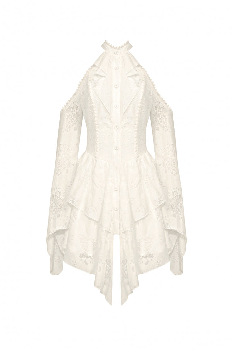 Beige Halter Off Shoulder Lapel Collar Long Flare Sleeves Lace-Up Women's Steampunk Dress - Product - 3