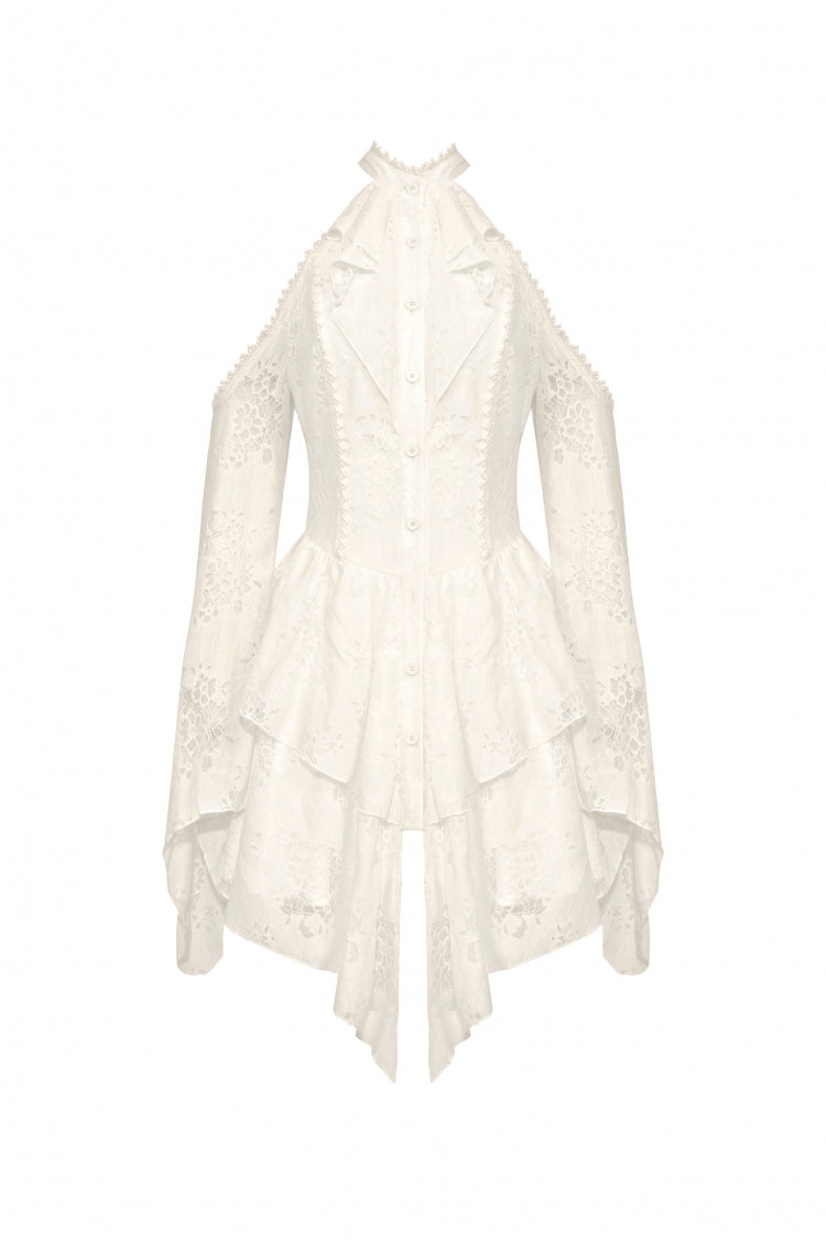 Beige Halter Off Shoulder Lapel Collar Long Flare Sleeves Lace-Up Women's Steampunk Dress - Product - 3