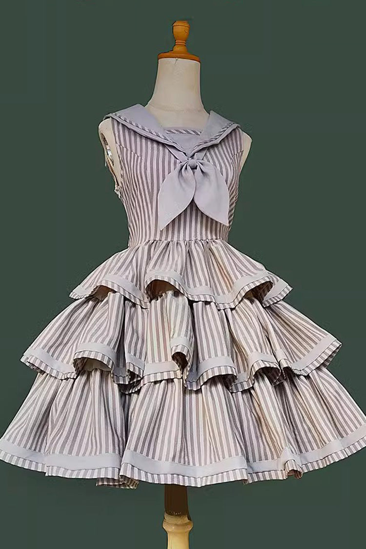 [From the Other Side] Sleeveless Triple-Layered Vertical Stripes Print Print Ruffle Bowknot Sweet College Style Lolita Jsk Dress - Product - 12