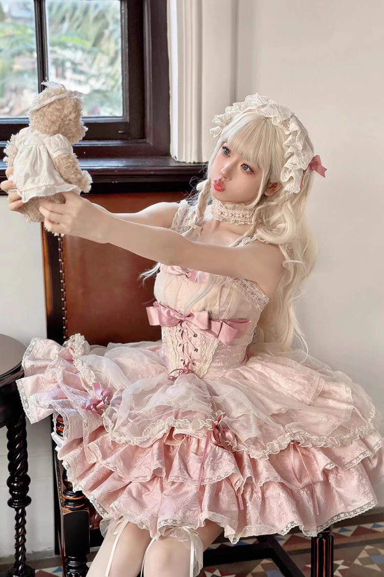 Pink Sleeveless Multi-layer Ruffle Bowknot Lace-Up Sweet Princess Lolita Jsk Dress - Product - 7