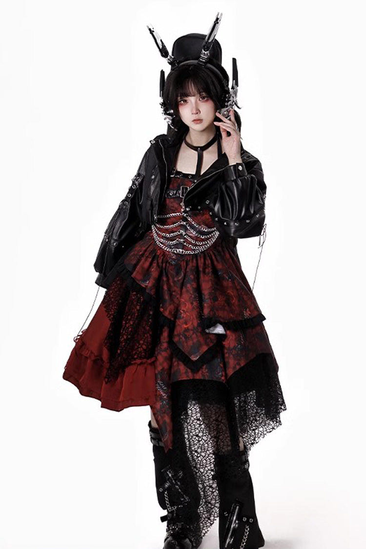 Red [Strawberries of Blood and Tears] Sleeveless Print Ruffle Bowknot Lace Asymmetric Gothic Lolita Jsk Dress - Product - 5