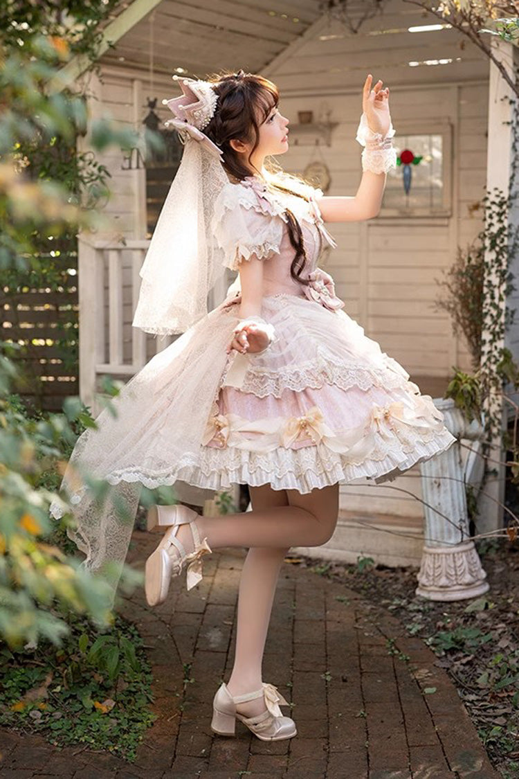Pink [Girls' Day] Short Sleeves Multi-Layered Ruffle Bowknot Lace Sweet Lolita Dress 2 Versions - Product - 6
