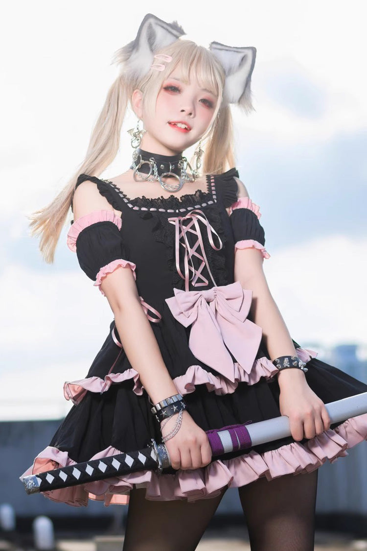 Black/Pink Sleeveless Multi-layer Ruffle Bowknot Sweet Hunt Lolita Jsk Dress - Product - 6
