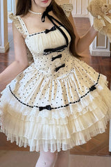 White [Polka Dot Waltz] Square Collar Flutter Sleeves Triple-Layered Printed Ruffled Bow Sweet Lolita Jsk Dress - Product - 3