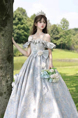 Off Shoulder Print Hanayome Embroidery Bowknot Sweet Princess Lolita Dress 2 Colors - Product - 10