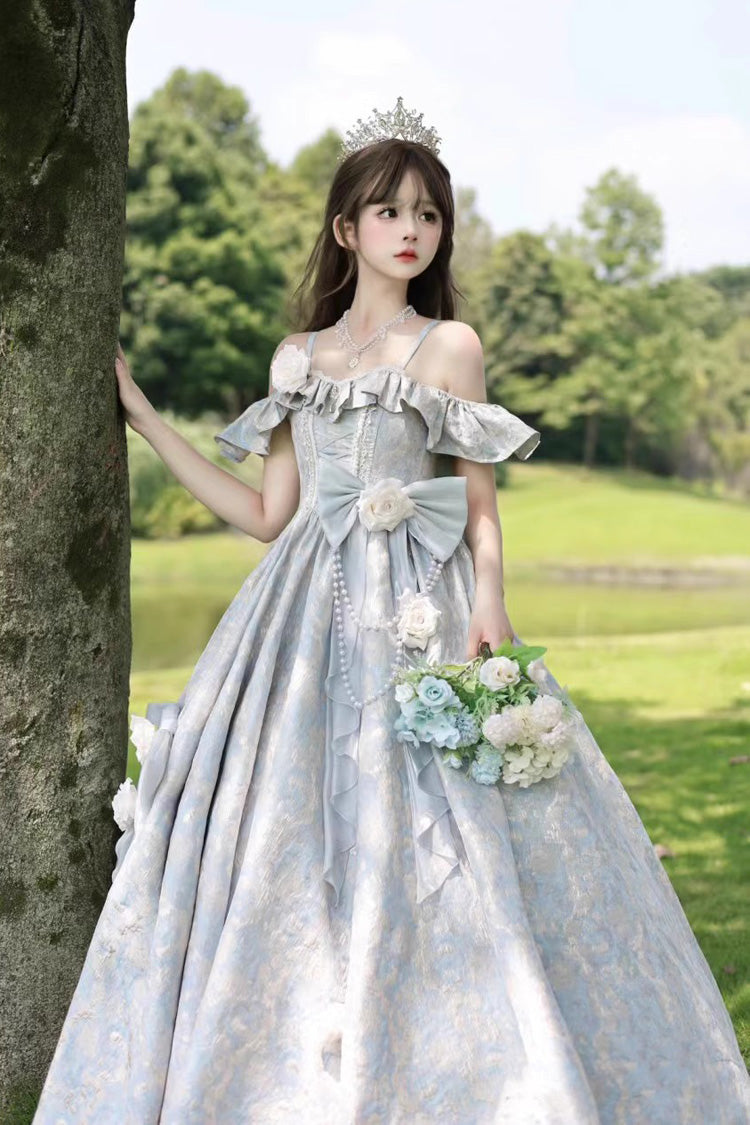 Off Shoulder Print Hanayome Embroidery Bowknot Sweet Princess Lolita Dress 2 Colors - Product - 10
