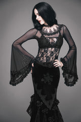 Black Lace Collar Big Flare Sleeve Rose Lace Mesh Women's Gothic T-Shirt - Product - 3
