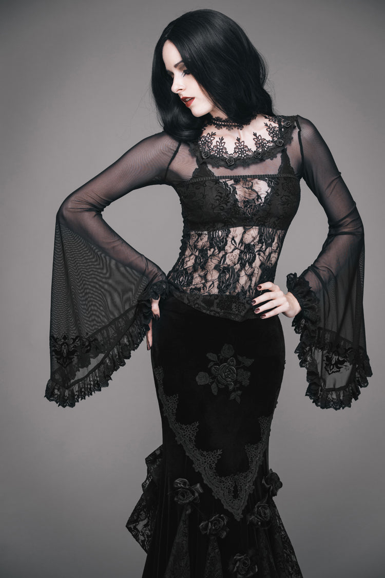 Black Lace Collar Big Flare Sleeve Rose Lace Mesh Women's Gothic T-Shirt - Product - 3