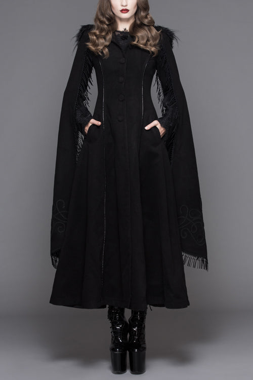 Black Hand Embroidered Shawl Double Sided Tweed Womens Gothic Coat - Black - 1