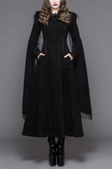 Black Hand Embroidered Shawl Double Sided Tweed Womens Gothic Coat - Black - 1