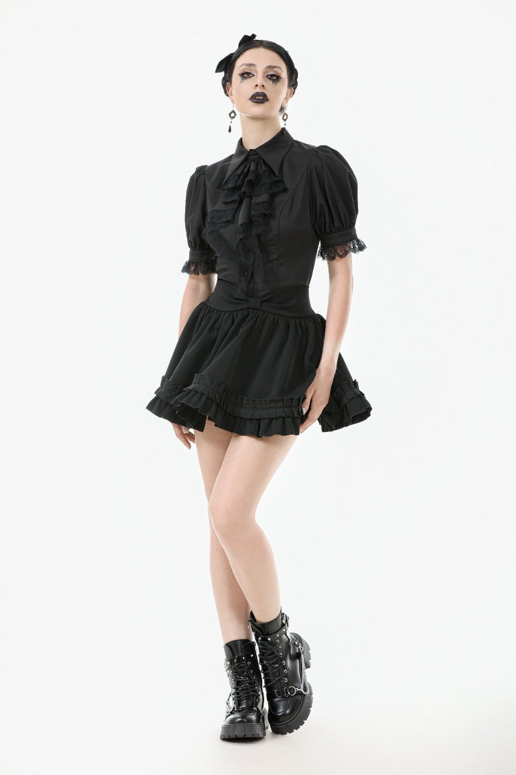 Black Point Lapel Collar Short Puff Sleeves Women's Gothic Blouse with Removable Rosette Cravat - Product - 9