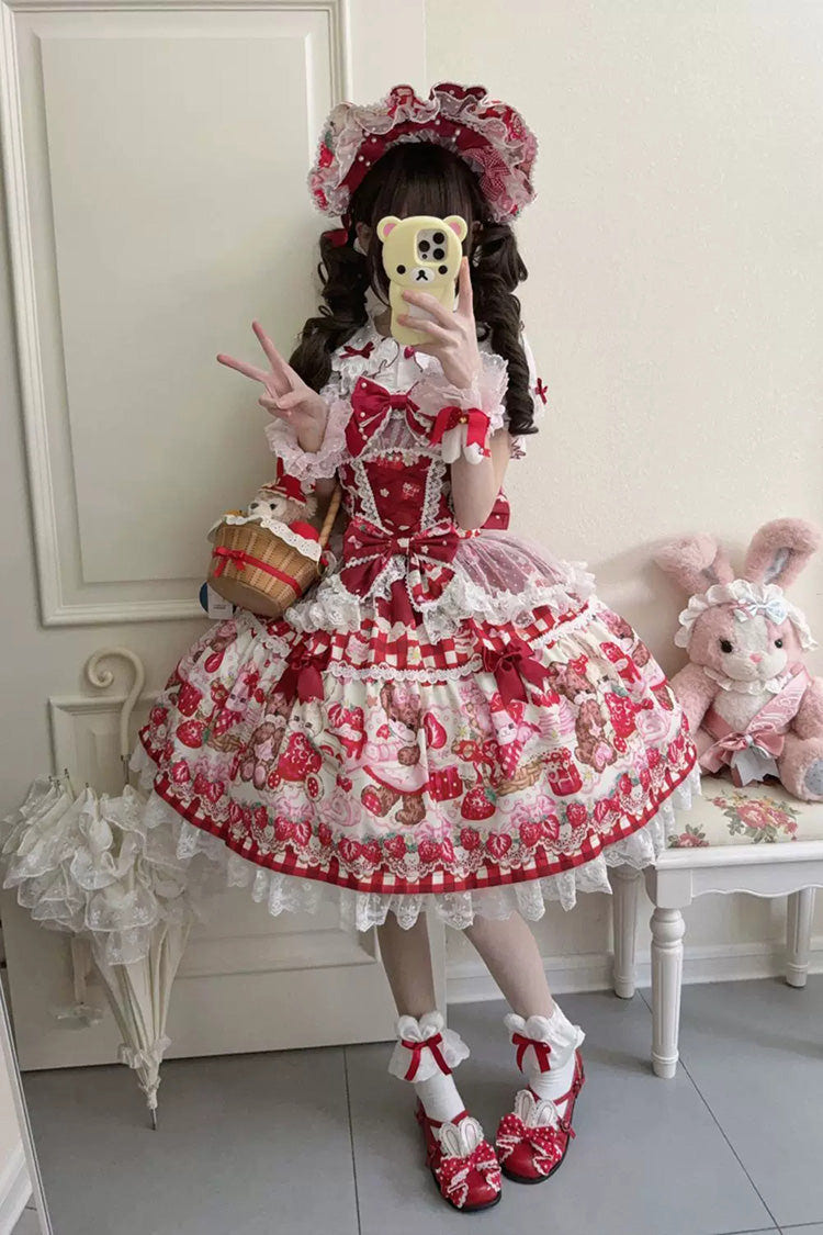 Red [Sweet Berry Bunny Bear] Printed Bow Lace Lace-Up Sweet Lolita Jsk Dress - Product - 5