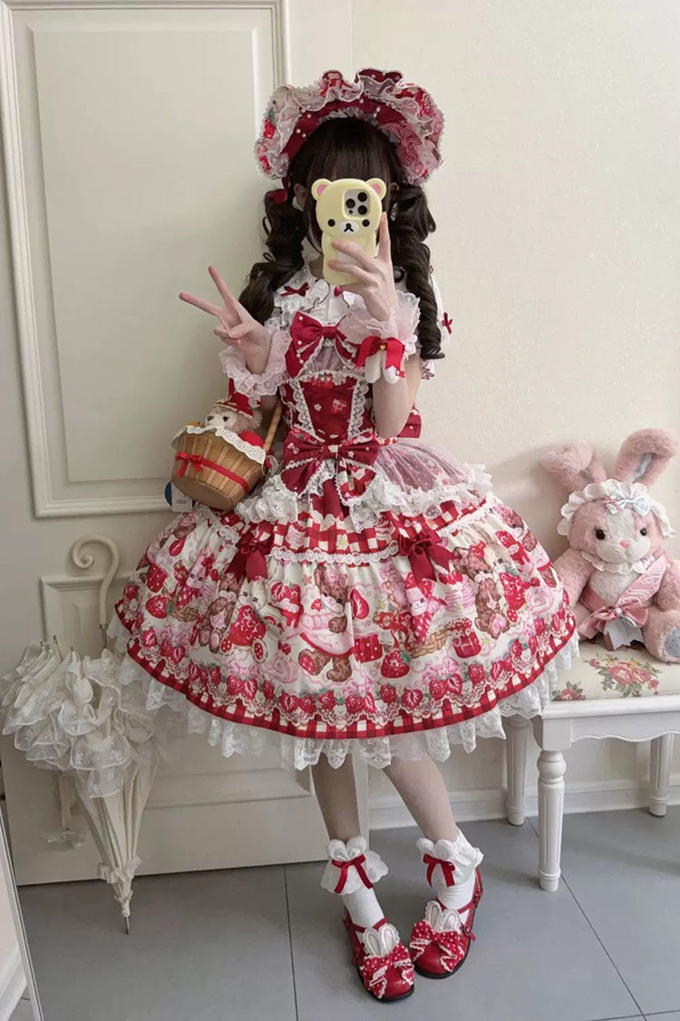 Red [Sweet Berry Bunny Bear] Printed Bow Lace Lace-Up Sweet Lolita Jsk Dress - Product - 5