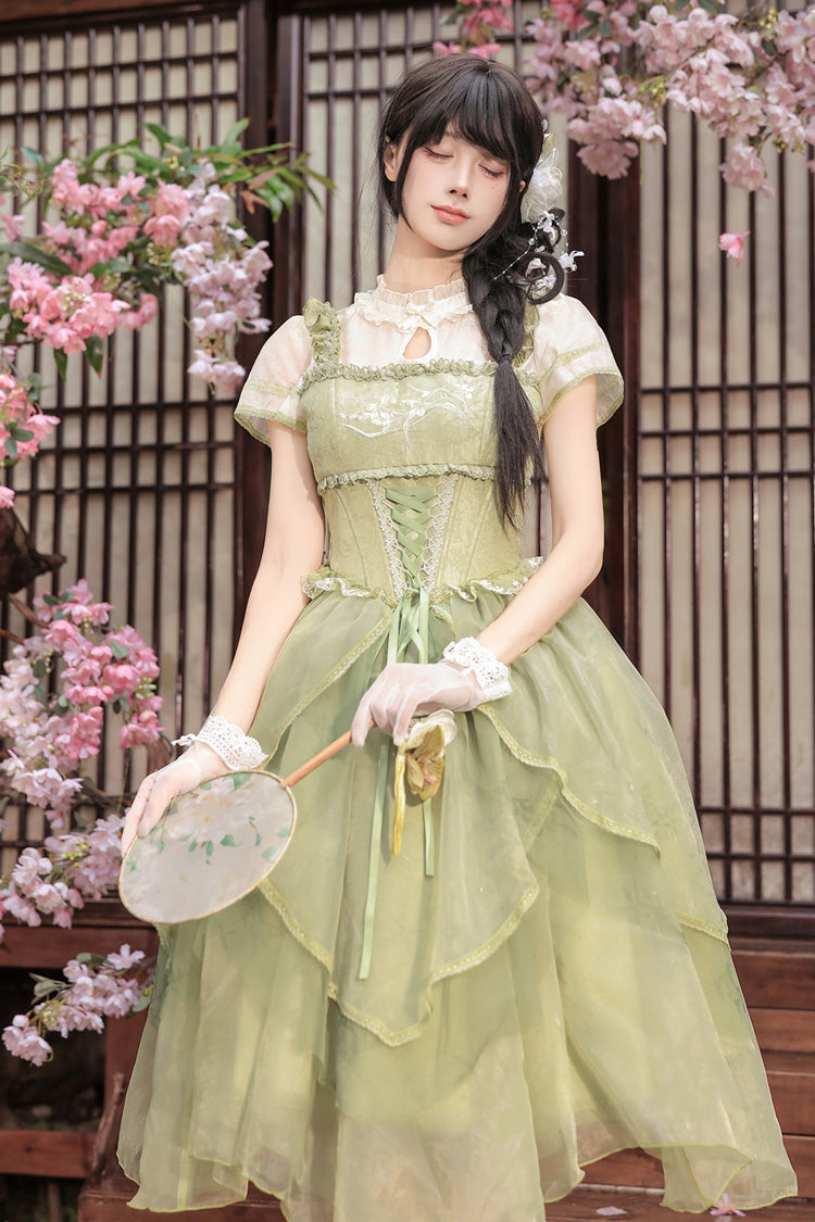 [Fragrance] Stand Collar Short Sleeves Multi-Layered Printed Ruffled Bow Lace Irregular Chinese Style Sweet Lolita Dress 2 Colors (Green, Pink) - Product - 16