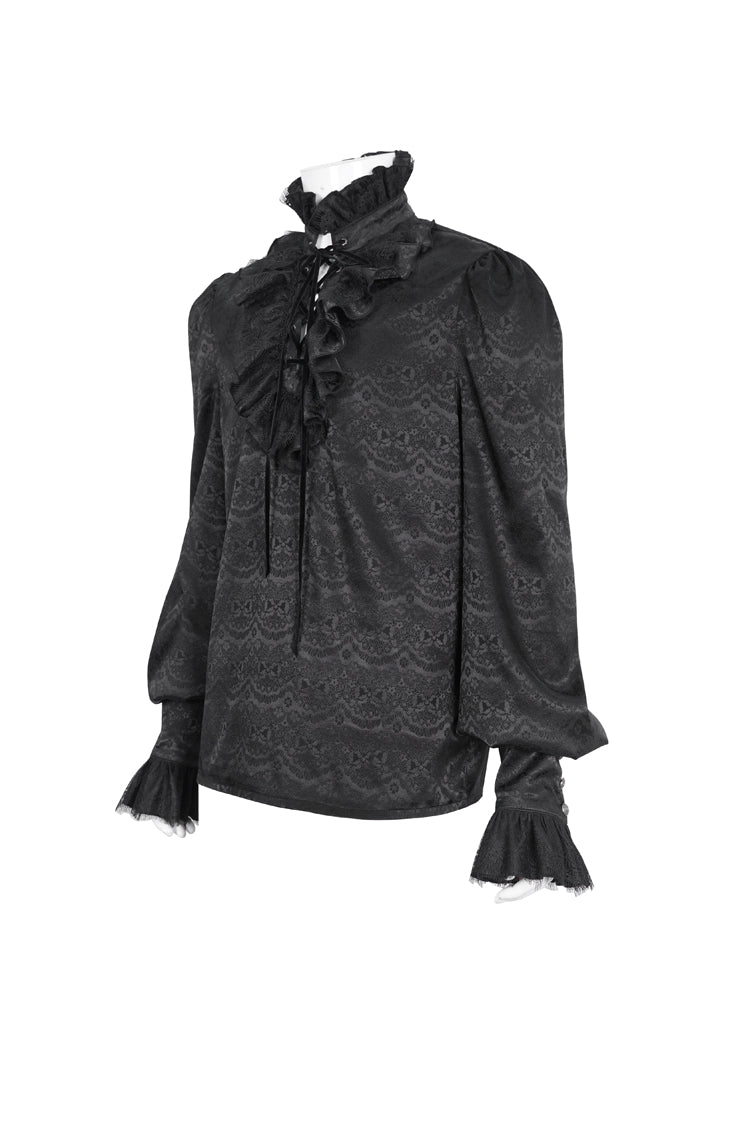 Black Stand Collar Long Sleeves Jacquard Ruffle Men's Gothic Blouse - Product - 6