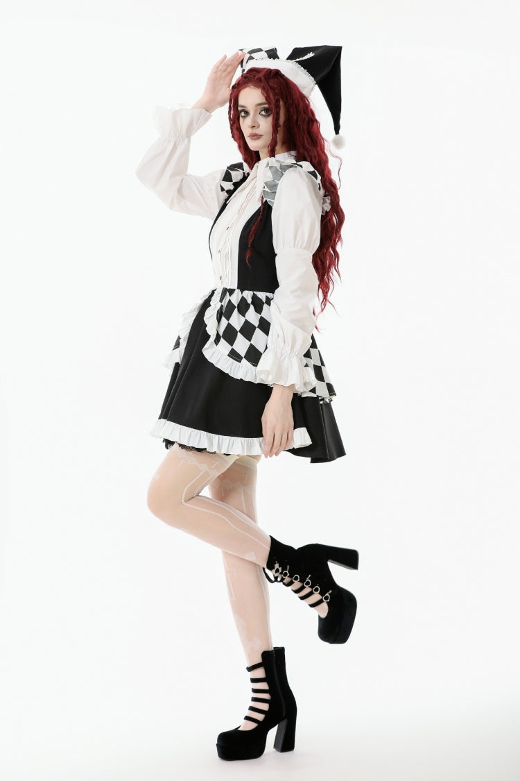 Black/White Harlequin Sharp Point Collar Long Puff Sleeves Women's Lolita Gothic Dress - Product - 10