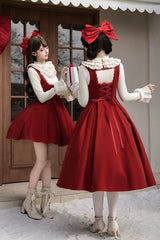 Red [Letters and Poems · Velvet Rose] Sleeveless Embroidered Bow Fishbone Classic Elegant Lolita Bandeau Dress 2 Versions - Product - 20