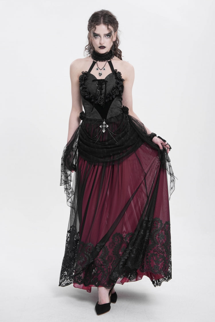 Red Stitching Floral Mesh Women's Gothic Skirt - Product - 10